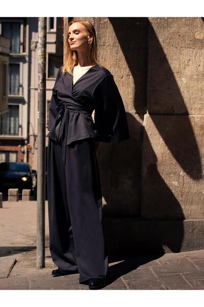 RİVUS Comfortable Pants with Elastic Waist and Wide Leg Pockets - Navy Blue