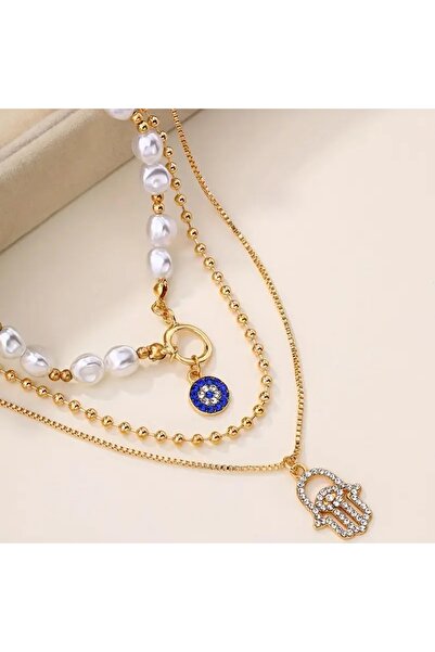 NUCA CO قلادة أنيقة من ثلاث طبقات من اللؤلؤ على شكل عين الحسد مع يد فاطمة