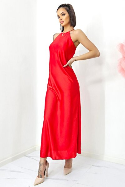 FashionForYou Priscilla long satin dress, with bare back and halter cut, Red