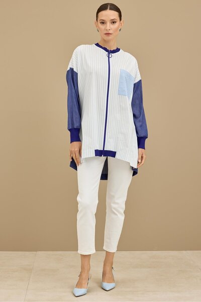 Tığ Triko Önden Fermuarlı Çizgi Poplin Denim Mix Hırka INDIGO