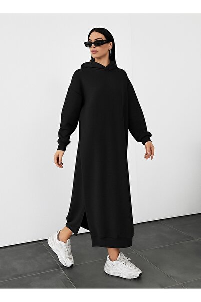 Gül İki İplik Kumaş Kapüşonlu Uzun Sweatshirt Elbise –Rahat Spor Şıklık - - B...