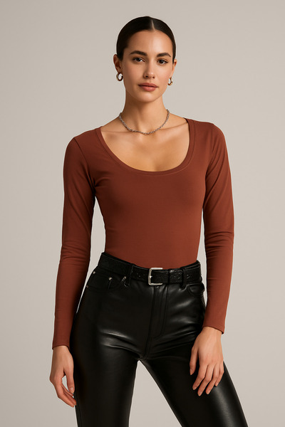 Rich Women's Burgundy U Neck Long Sleeve Blouse