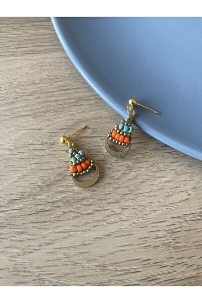 dela otantik El Yapımı Bohem Turkuaz taşlı Turuncu Boncuklu Sallantılı Küpe – Otantik Etnik Bijuteri Takı