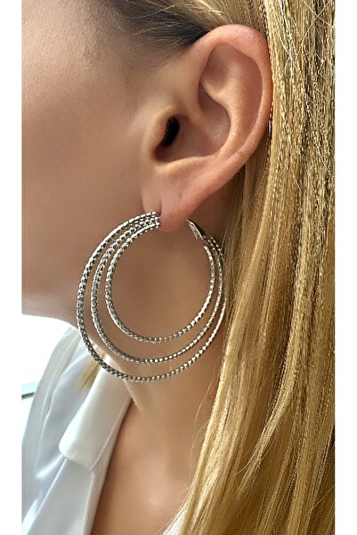 VNS Accessories Rodyum Kaplama İç İçe Dilimli Görünüm Halka Küpe (6 cm)
