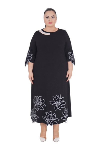 Darkmen Γυναικείο Μαύρο Κομψό Φόρεμα με Μισό Μανίκι και Φλοράλ Κέντημα σε Μεγ...