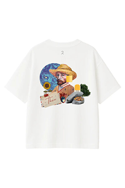 Clodaz Unisex Beyaz Van Gogh Baskılı Oversize Tişört