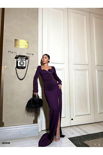 Modafeminen فستان سهرة من قماش السكوبا بياقة مزدوجة - تصميم أنيق مع رباط خصر ...