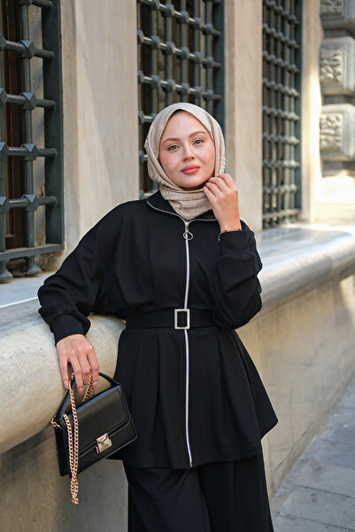 LOCCO Женски комплект с капси с детайли от кожа, черен