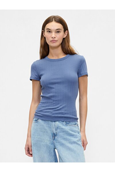 GAP Kadın Mavi Pointelle Crewneck T-Shirt