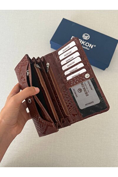 DERKON Crocodile Patterned Useful Genuine Leather Women's Wallet Brown