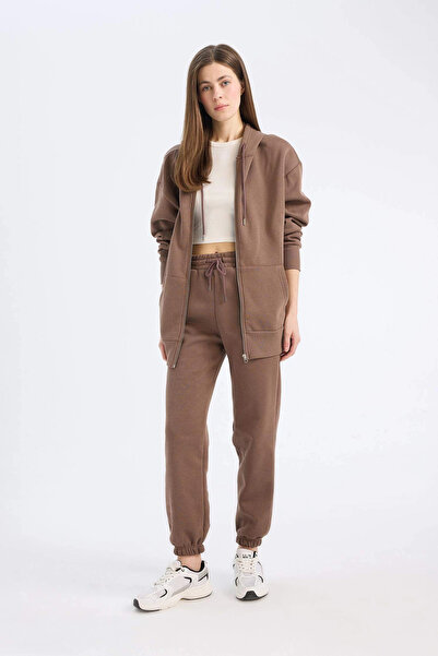 DeFacto S7370 Kahve Standart Fit Kalın Jogger Eşofman Altı Bel Paça Lastikli Basic Düz Uzun Boy