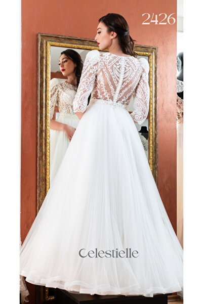 Celestielle Princess Wedding Dress – 3/4 Sleeves, Pleated Tulle Skirt, Bold Shoulders