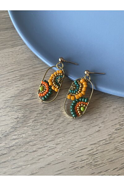 dela otantik Bohem Renkli Boncuklu Sallantılı Küpe – El Yapımı Otantik Vintage Turuncu Sanatsal Bijuteri Takı