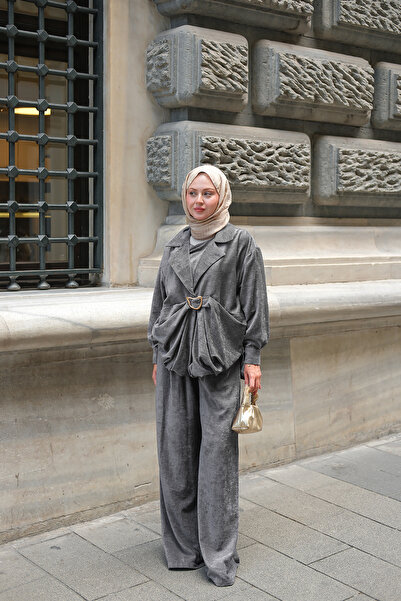 LOCCO Women's Musleya Front Pleated Detail Suede Suit Anthracite