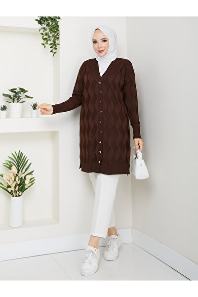 KMKkombin Women's Wave Patterned Buttoned Long Sleeve Cardigan