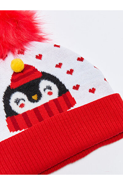 LC Waikiki White Patterned Pompom Girls' Knitwear Beanie