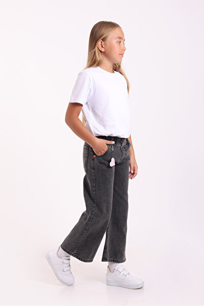 Pafim Kız Çocuk Kalpli Aksesuar Detaylı %100 Pamuk Kot Pantolon 6-10 Yaş Gri