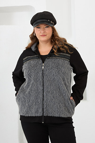 RMG Büyük Beden Kadın Fermuarlı Peluş Detaylı Eşofman Üst