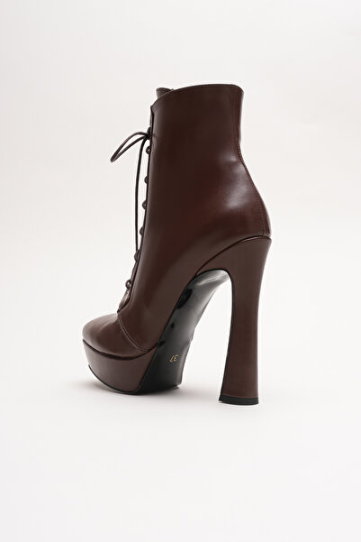 Ayakkabı Ateşi Kadın Bağcıklı Fermuarlı Yüksek Topuklu Bot Viole Kahverengi Cilt