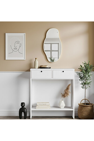 Robin Home Asimetrik Aynalı Dresuar 2 Kapaklı Hol Antre Beyaz 80cm No1