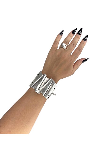 Smyrna Silver Plated, Adjustable, Unisex, Bracelet-Ring Set (Folded Paper Loo...