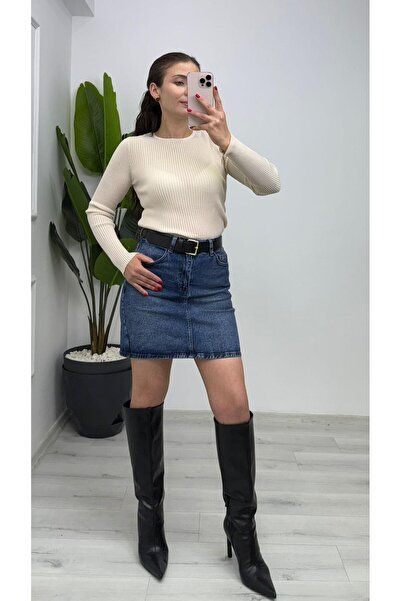 TUNAM BUTİK 4887 Denim Esnek Kısa Etek Mavi