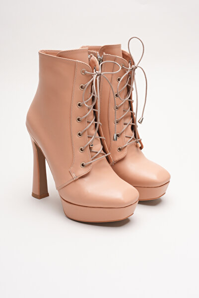 Ayakkabı Ateşi Kadın Bağcıklı Fermuarlı Yüksek Topuklu Bot Viole Nude Cilt