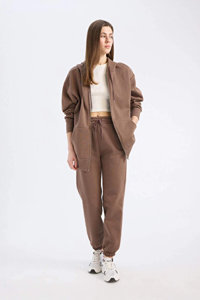 DeFacto S7370 Kahve Standart Fit Kalın Jogger Eşofman Altı Bel Paça Lastikli Basic Düz Uzun Boy