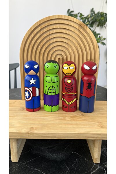 Alf Wood مجموعة شخصيات مارفل للأبطال الخارقين - 4 قطع - لعبة خشبية مصنوعة يدويًا