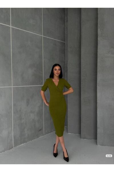 Modafeminen Kruvaze Yaka Kısa Kol Kalem Elbise FISTIK YEŞİLİ 582868