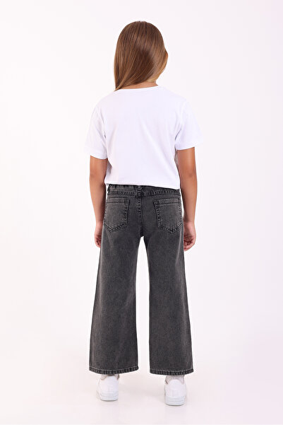 Pafim Kız Çocuk Kalpli Aksesuar Detaylı %100 Pamuk Kot Pantolon 6-10 Yaş Gri