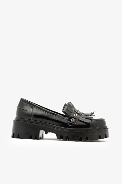 SAYL Siyah Rugan Hakiki Deri Kalın Tabanlı Püsküllü Loafer Kadın Ayakkabı