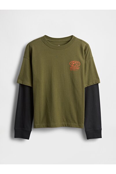 GAP Erkek Çocuk Yeşil 2-in-1 Graphic Baskılı T-Shirt