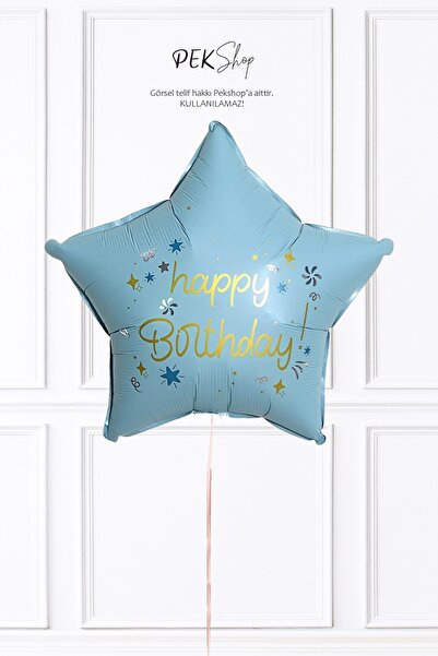 PEKSHOP Happy Birthday Yazılı MAVİ Yıldız Balon Retro Yıldız Folyo Balon 45cm