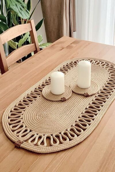 Salvia Dione Jute Straw Runner - Patterned Frilly Tablecloth Decorative Living Room Coffee Table Console Pinterest Runner 40X100