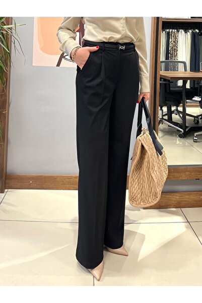 ARZU ÖZEL MODA ATÖLYESİ Kadın Siyah Dokuma Pileli Palazzo Pantolon