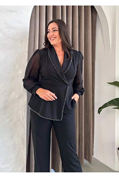 Butik Nilyam Women's Plus Size Double Breasted Lapel Chiffon Balloon Sleeve Pearl Detail Blouse Pants Bottom Top Set Black 25011