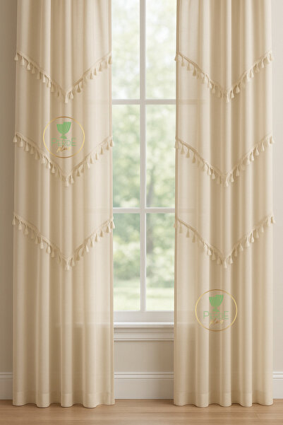 Perdeplus Κουρτίνα φόντου με φούντες 3 σειρών σε στυλ Bohemian από λινό