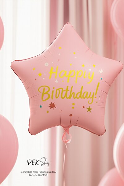 PEKSHOP Happy Birthday Yazılı PEMBE Yıldız Balon Retro Yıldız Folyo Balon 45cm