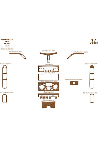 Marscockpitdesign غطاء كونسول وصندوق السيارة لبيجو 207 موديل 2007، 17 قطعة