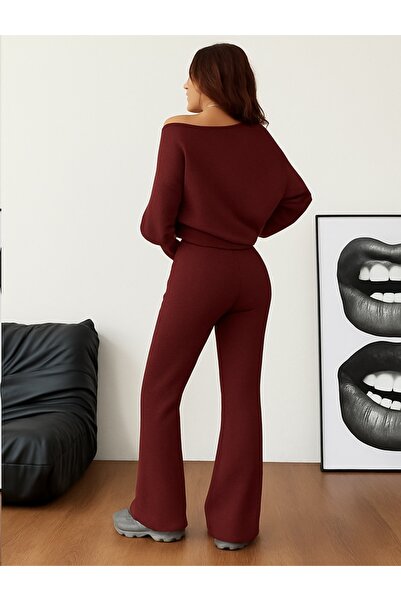 meren like your style Burgundy Wide Collar High Waist Spanish Flare Sweatshirt Set