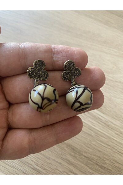 dela otantik Vintage Esintili Büuük Sllantılı Küpe – Bronz & Bej Boncuklu Otantik Etnik Bohem Tasarım Takı