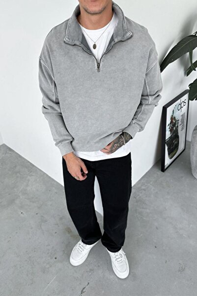 HAFKAGİYİM Ανοιχτό γκρι Acid Wash Φούτερ με μισό φερμουάρ Oversize