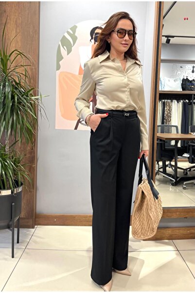 ARZU ÖZEL MODA ATÖLYESİ Kadın Siyah Dokuma Pileli Palazzo Pantolon