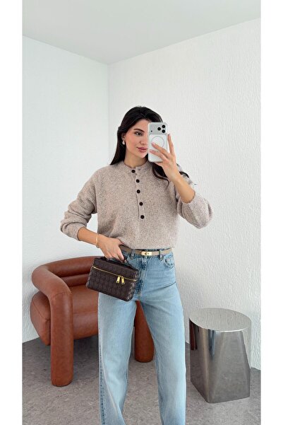 HAZELANNA Pulover tricotat taupe cu nasturi