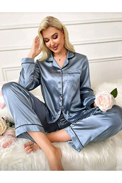 Star Fashion Pijama dama satin, model Turcia, cu nasturi si maneca lunga