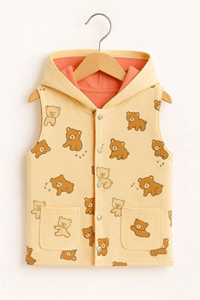 PUFFYBOO Özel Koleksiyon | %100 Pamuk Pembe Kapüşonlu Ayıcık Desenli Kız Bebek Çocuk Yelek – Sınırlı Sayıda