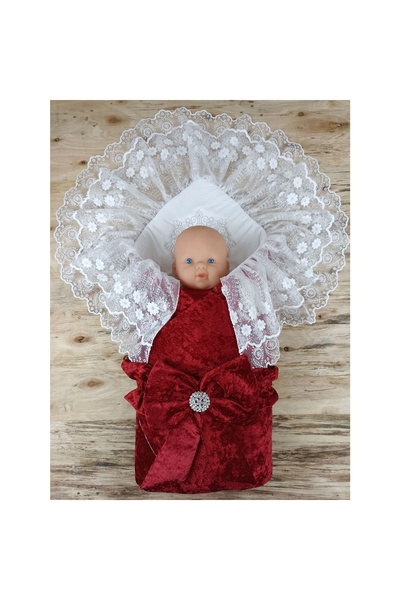 SepetBudur Newborn Palace Velvet Crown Embroidered Pearl Bow Double Lace Veil Trilux Swaddle Baby Blanket