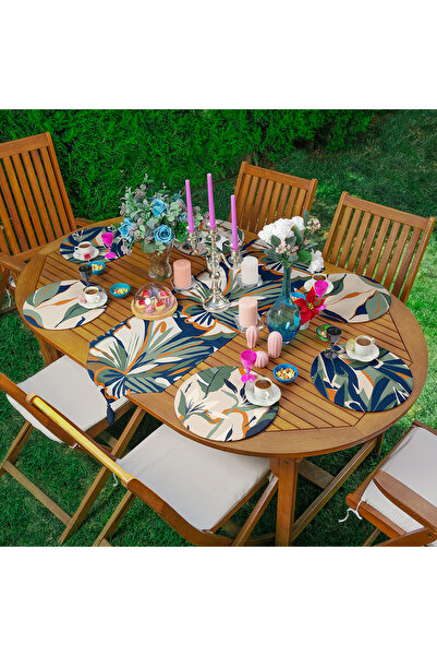 Buemshop Abstract Botanica Garden Soyut Yaprak Desenli Runner 45x140 + 6’lı S...