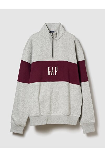 GAP Erkek Açık Gri VintageSoft Colorblock Logo Yarım Fermuarlı Sweatshirt